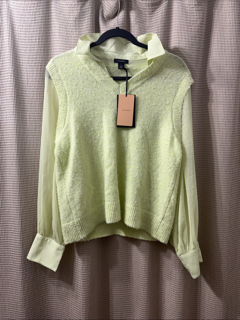 Halogen Pale Yellow V-Neck Layered Sweater with Sheer Sleeves so soft